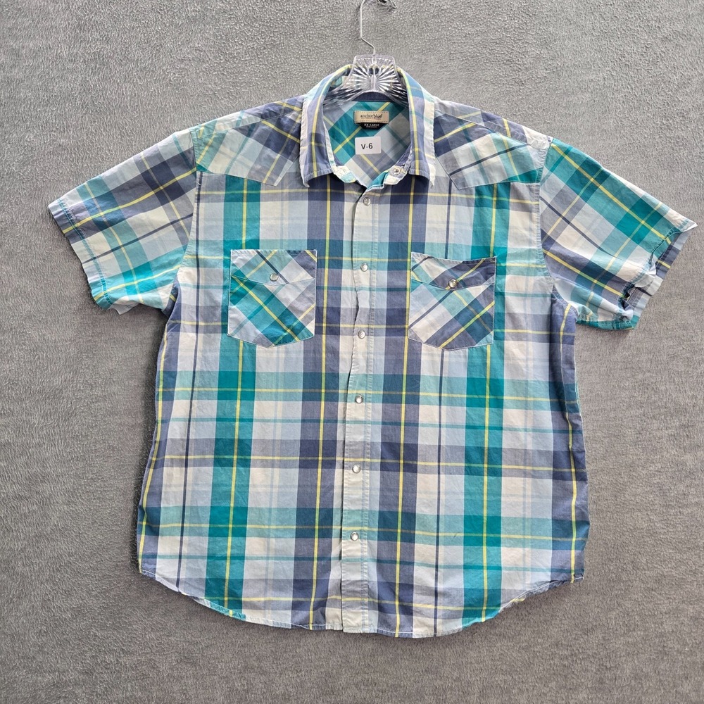 Anchor Blue Men Button Up Shirt 2XL Blue Plaid Western Pearl Snap Y2K READ